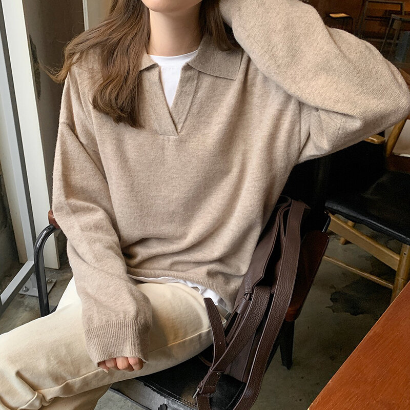 Suéter feminino de malha espessa manga longa, blusão feminino solto elegante de tricô grosso para inverno 2021