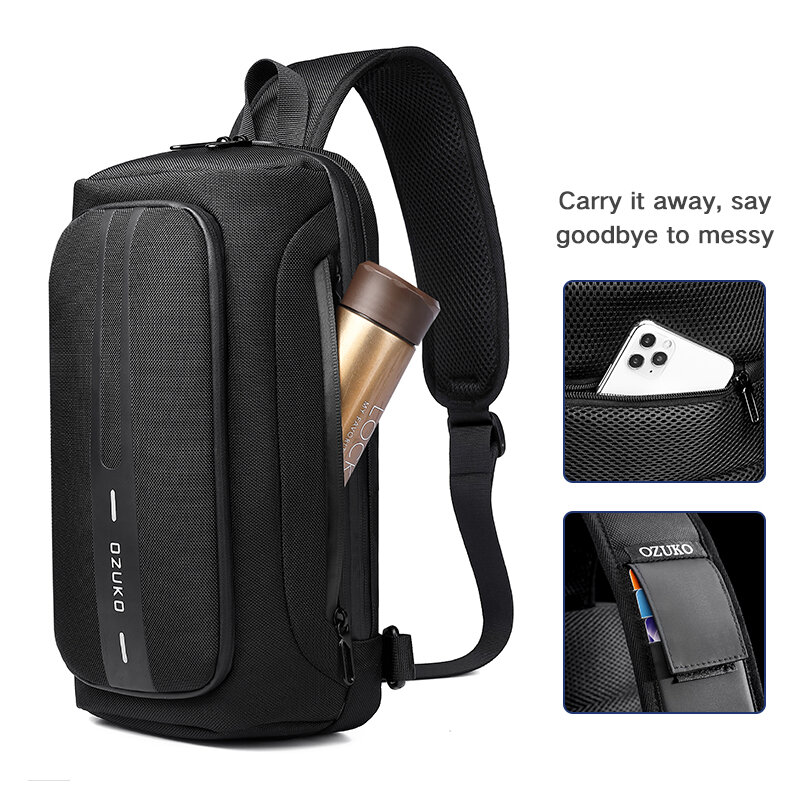 OZUKO-패션 남자 가슴 가방, 도난 방지 남성 슬링 메신저 가방, 방수 남성 야외 가슴 팩, 남자 USB 충전 크로스 바디 가방