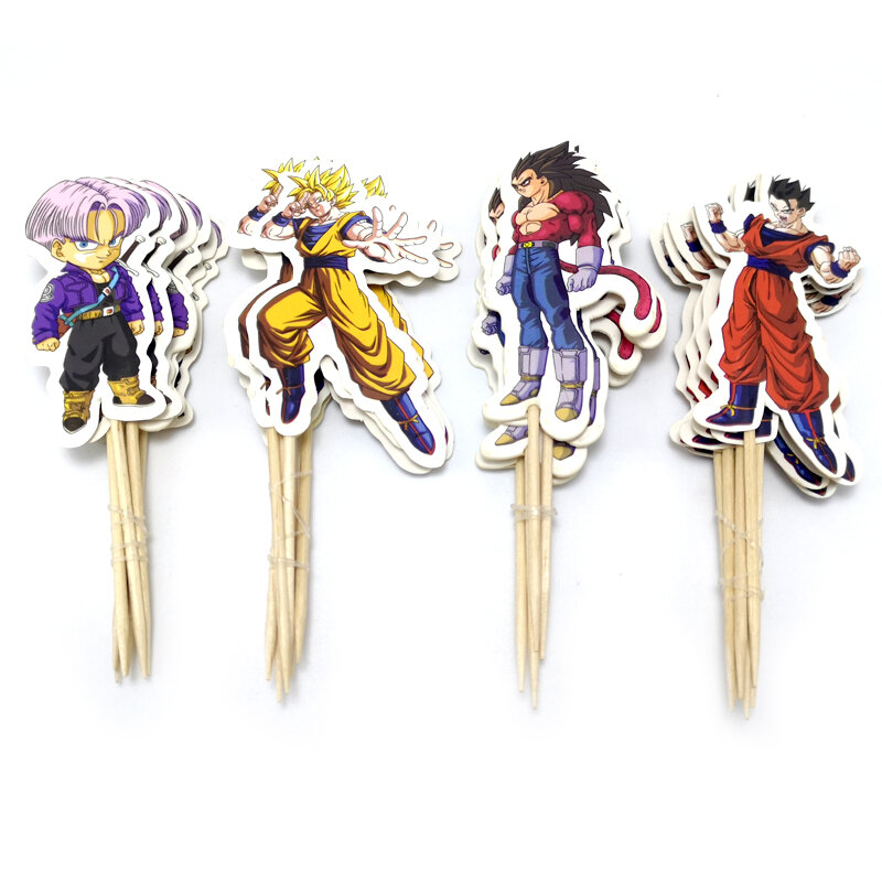 Happy Birthday Events Party Baby Girls Boys Kids Favors Goku Cake Card Wtih Sticks Decoration Cupcake Toppers 24pcs/lot