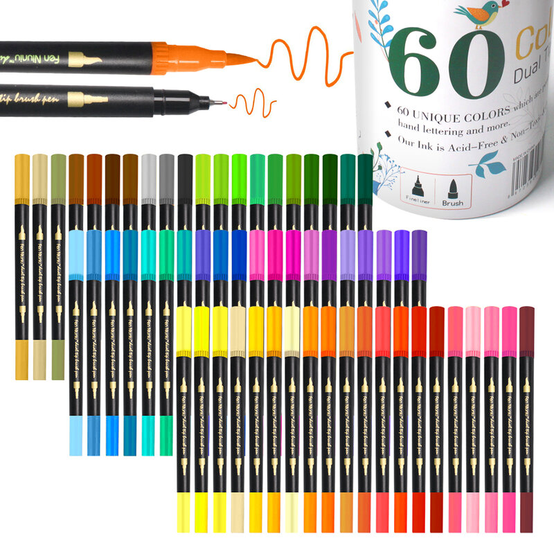 Dual Tip Brush Pens 60 Colors Fineliners Art Markers Set 20 Nibs Fine and Brush Tip for Kids Adult Coloring Book Note Taking
