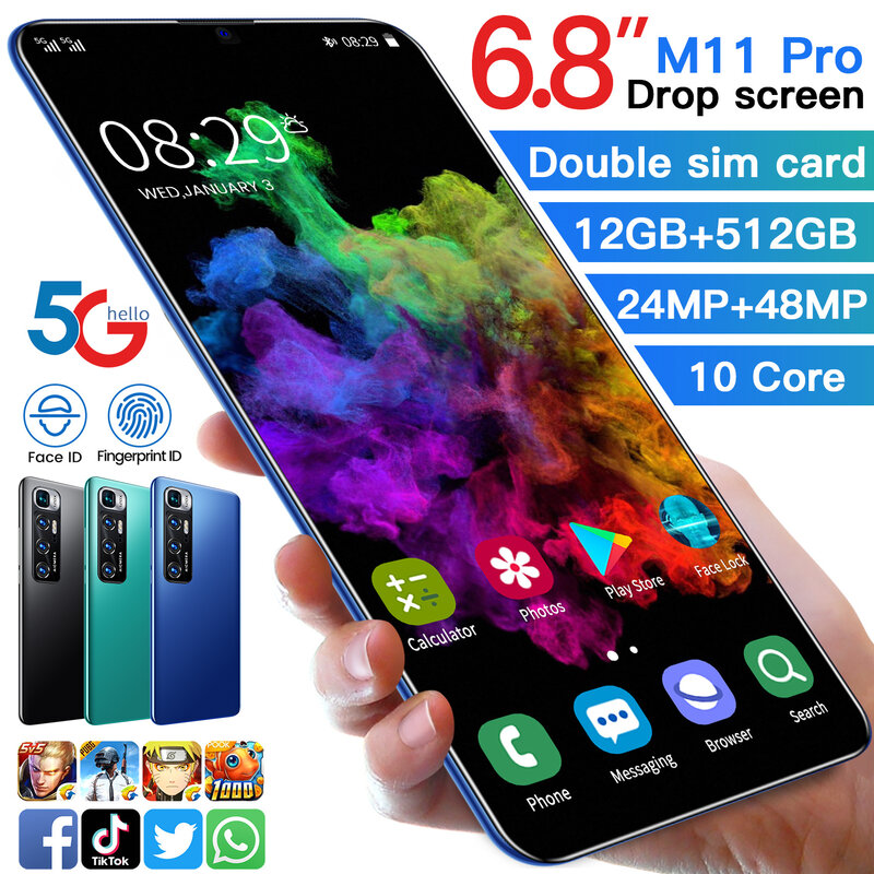 2021 Hot Sale Global Version M11 Pro Game Smartphone 6.8 Inch HD Screen Snapdragon 888 12GB 512GB 24MP 48MP Face ID 10 Core