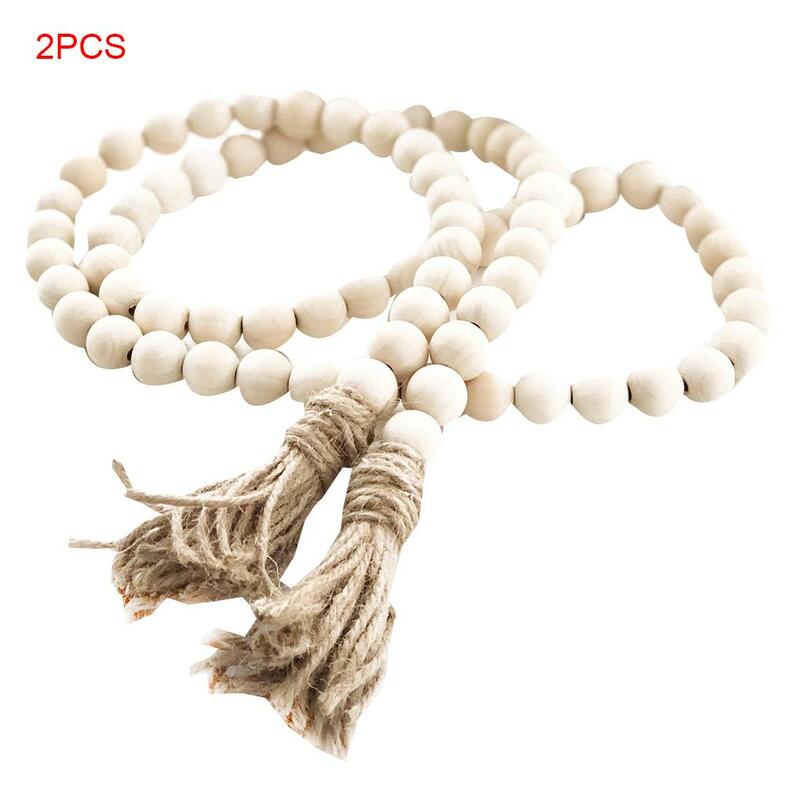 2 PCS Wooden Bead Garland Farmhouse Rustic Country Tassle Prayer Beads Wall Hanging Decorations