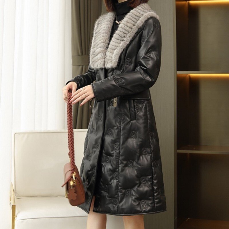 Inverno casaco de pele de vison real couro tricô colarinho para baixo a partir de elegante meados de longo fino mulheres jaquetas senhora do casaco de pele real