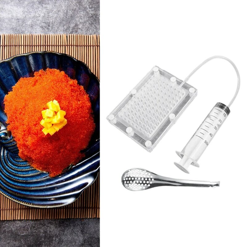 Pembuat Kaviar Gastronomi Molekuler 96-Lubang Saringan Ikan Gourmet Filter Kaviar Penetes Bulat dengan Kit Tabung & Sendok