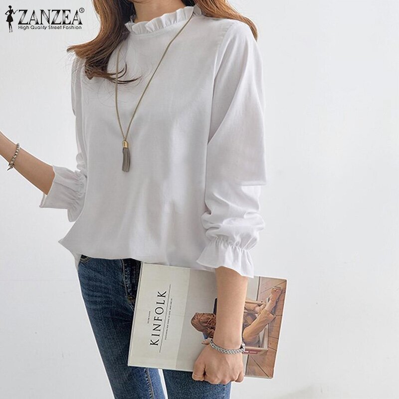 ZANZEA stylowy koreański t-shirt elegancki damski z długim rękawem bluzka z marszczonymi rękawami Casual solidny biały topy kobieta praca w biurze Blusas tunika