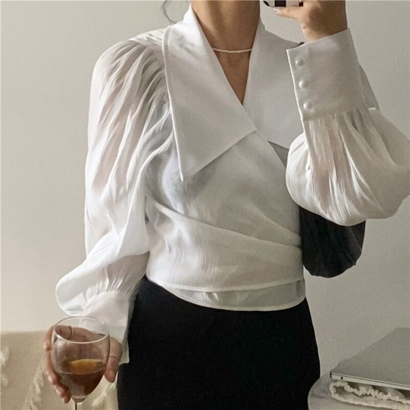 2021 nova tendência de topo de colheita das mulheres manga longa lanterna blusa do vintage elegante camisa de colheita outono femal casual solto blusa camisa