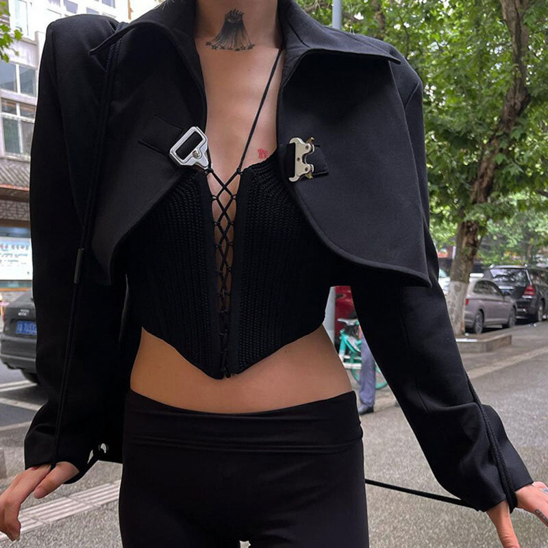 Nowy 2021 moda jesień krótki czarny kurtka solidny kardigan luźny tornister klamra garnitur afrykańskie kurtki na jesień dla kobiet