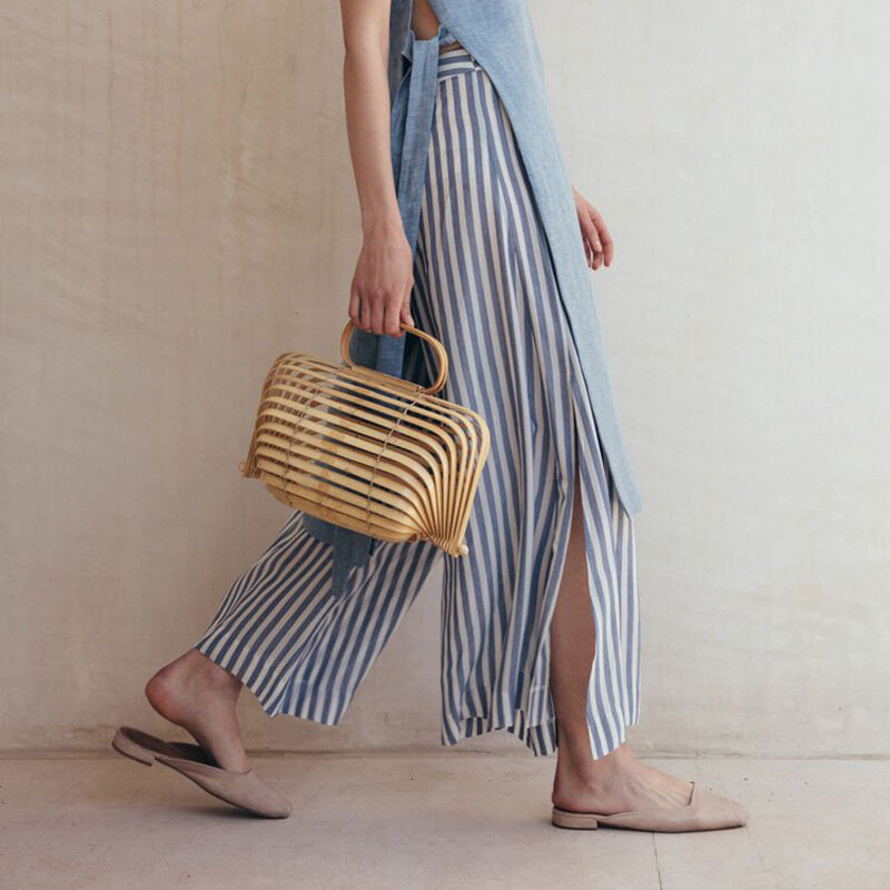 Bolsa de praia de bambu para mulheres, cesto feminino estampado com as mãos vazadas, bolsa de madeira para férias com canudo boêmio, 2020