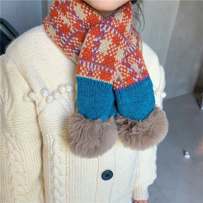 2021 새로운 겨울 어린이 색 격자 무늬 니트 스카프 일본 한국 패션 소프트 Pompon 패치 워크 스카프 목도리 키즈 따뜻한 Neckerchief