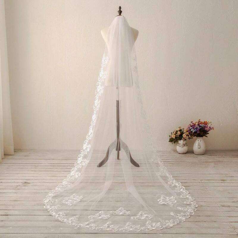 Velo de boda largo con borde de encaje, velo de una capa blanco, velo de novia de color marfil, accesorios de boda de gasa 2019