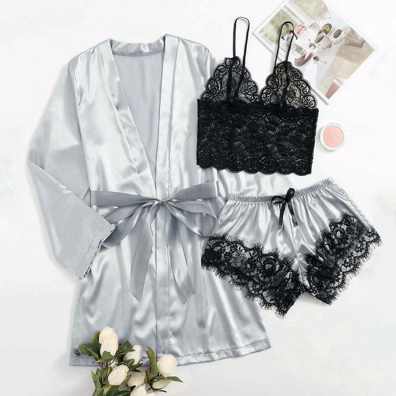 Комплект пижамный женский Шелковый, комплект из 3 предметов, атласная одежда для сна, шелковая ночная рубашка, кружевная ночная сорочка на б...