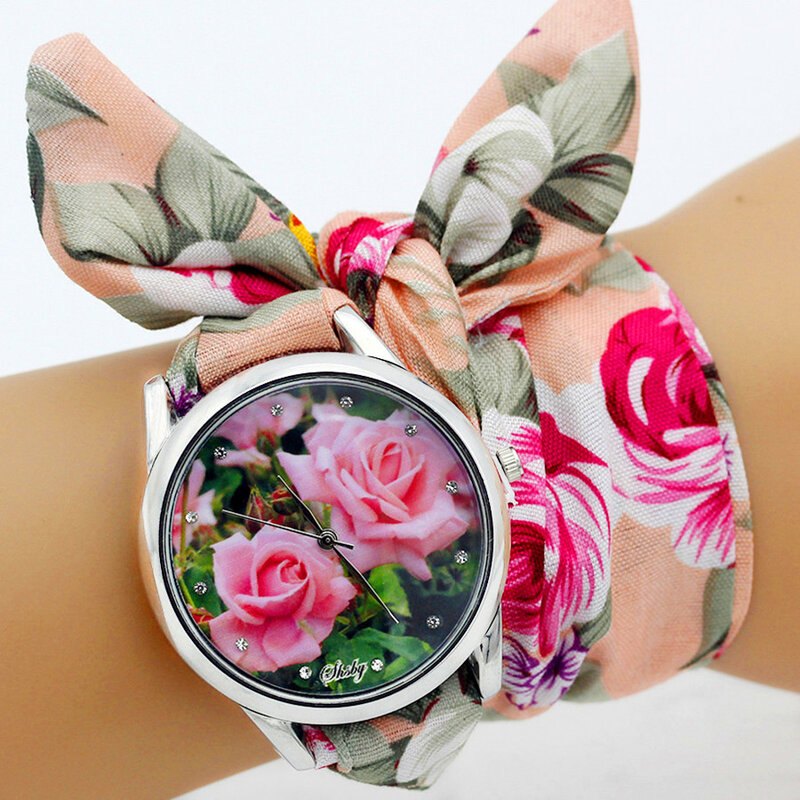 Shsby relógio de pulso com pulseira de tecido e flores, relógio feminino formal, tecido de alta qualidade, pulseira adorável para meninas