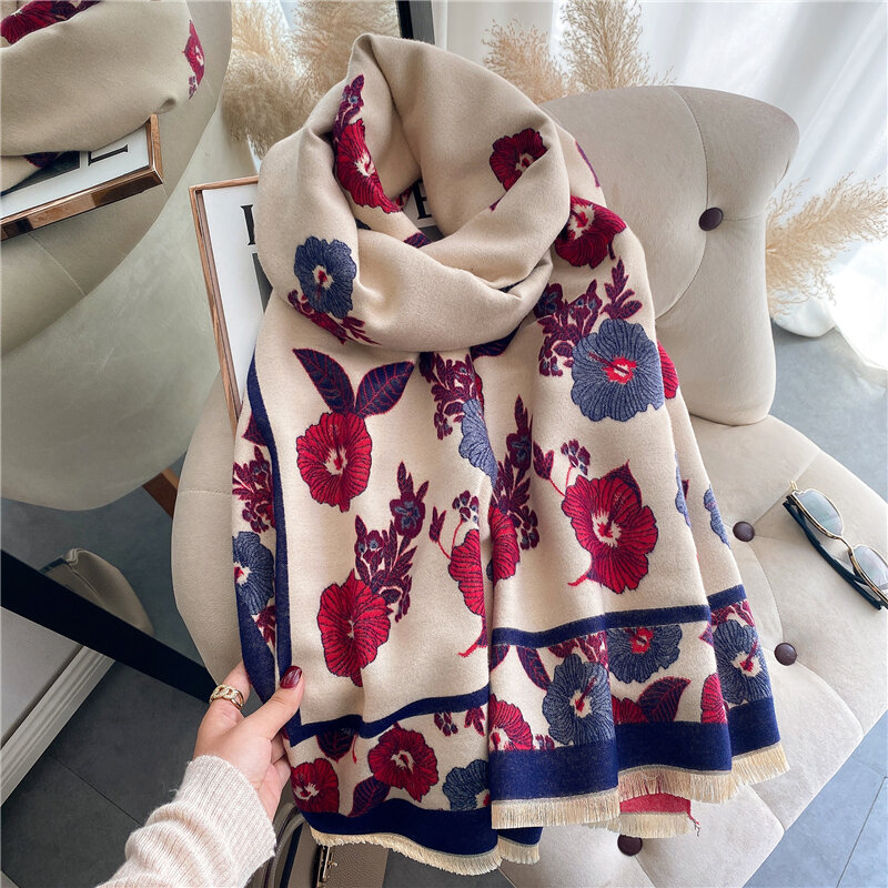 Design de luxo grosso foulard cashmere cachecol senhoras inverno pashmina feminino xales envolve floral mulher cobertor quente stoles bufanda