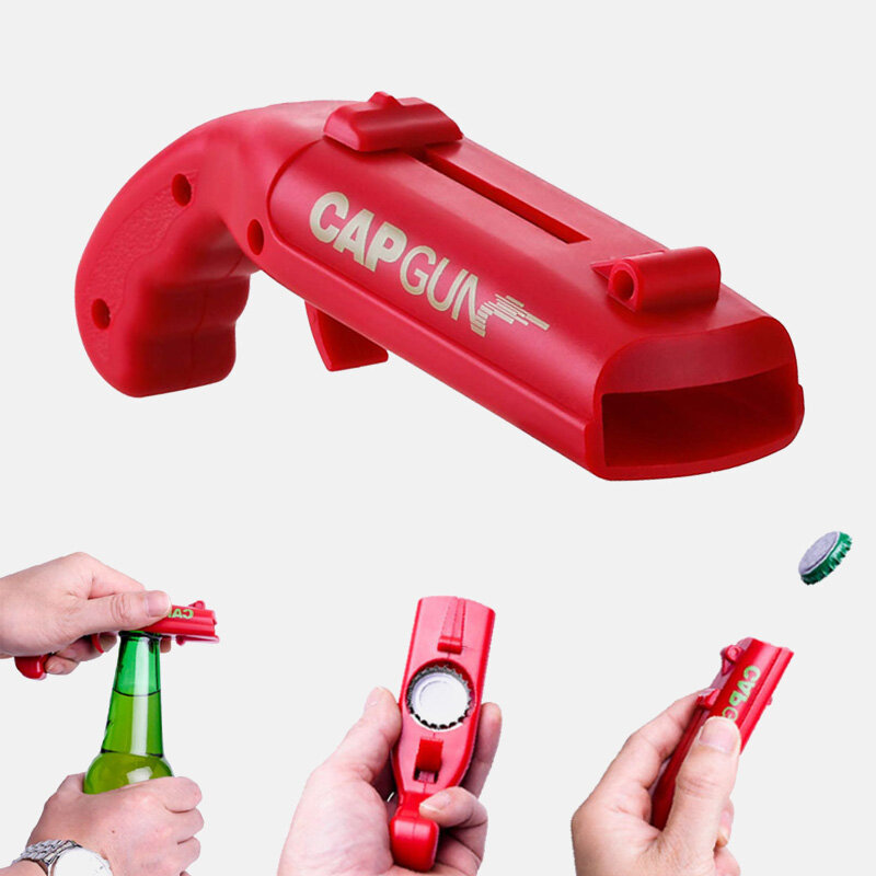 Przenośny Cap Gun narzędzie barowe kreatywny latający Launcher butelka piwa otwieracz napój w kształcie pokrywy Shooter czerwony szary