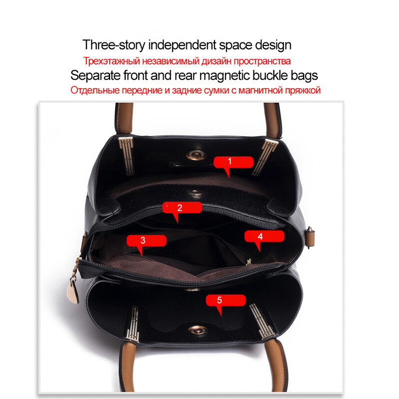 Bolso de hombro de gran capacidad con múltiples compartimentos para mujer, bandolera de cuero Pu de alta calidad, de diseñador, 2021
