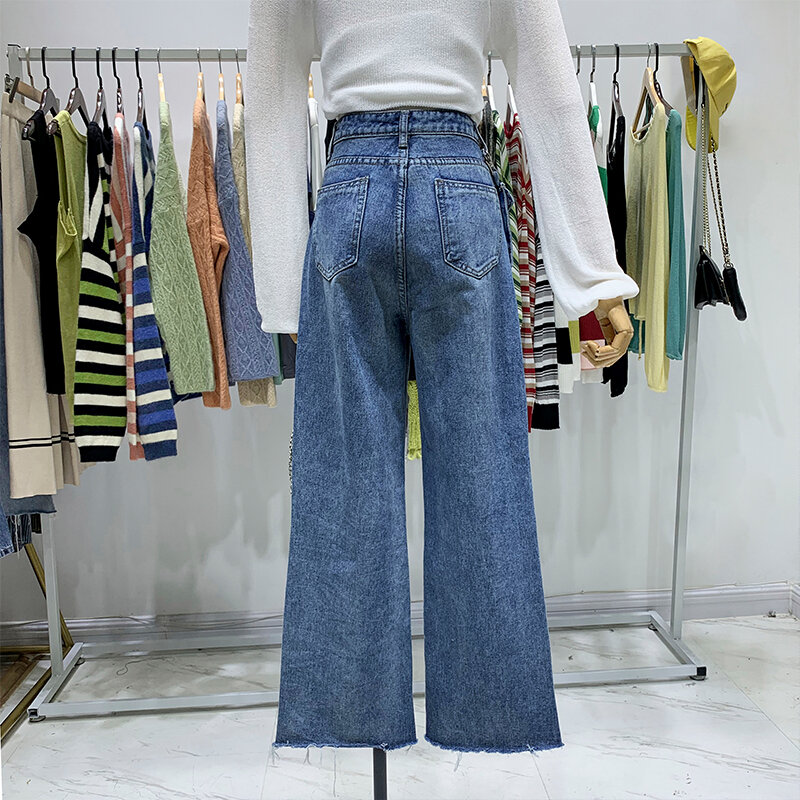 Fashionable New Straight Spring Loose Thin Tall Raw Edge Jeans