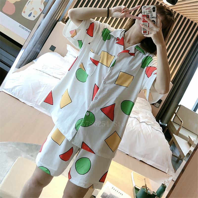 2021 Nieuwe Korte Mouwen Pyjama Set Voor Vrouwen Polyester Zijde Nachtkleding 2 Stuks Nachtkleding Leuke Print Homewear Zomer Lounge Pyjama