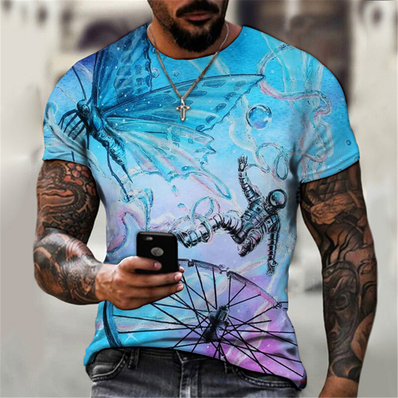 T-shirt à manches courtes col rond pour homme, impression 3D, peinture à l'encre bleue, mode décontractée, style de rue, été 2021