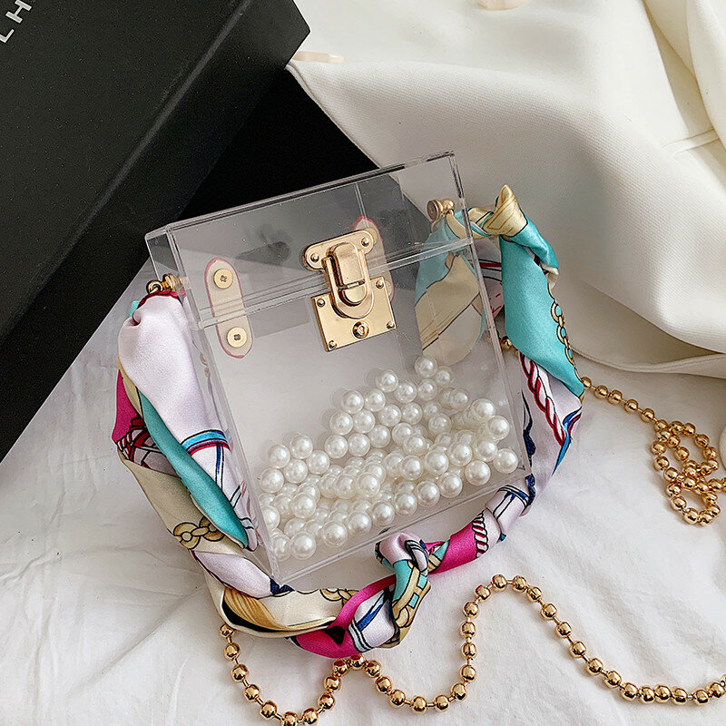 Hab osky bolsas femininas acrílicas, transparente, mini sacola com pérola, estilosa e acrílica, 2020
