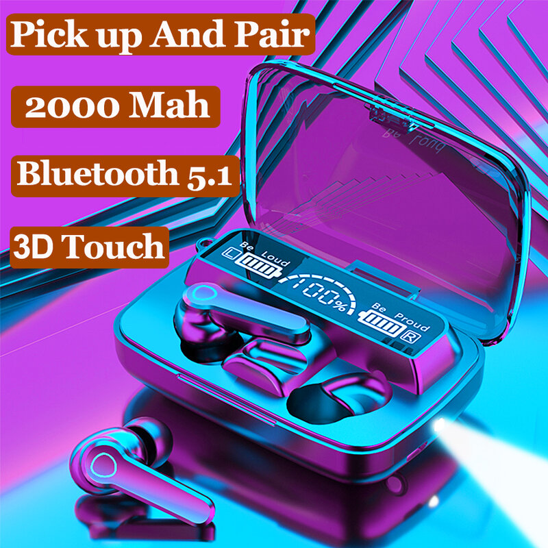 Fones de ouvido bluetooth 5.1, sem fio, tws, alta fidelidade, carregamento, 2000 mah, controle de toque 3d