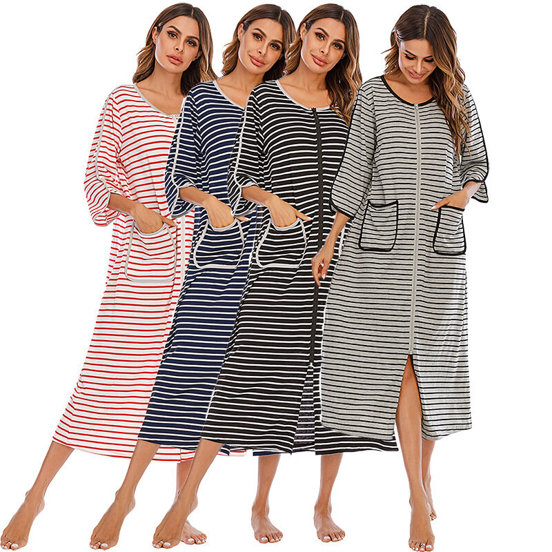 Witbuy Pakaian Tidur Panjang Wanita Jubah Depan Ritsleting Lembut Gaun Malam Musim Gugur Baju Mandi Bersalin Loungewear Kimono Bergaris Hangat Piyama