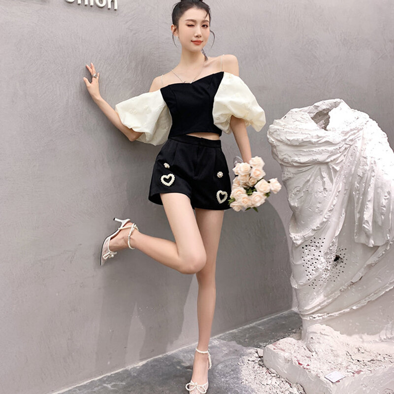 Ngọt Ngào Sexy Crop Top Áo Nữ Dạo Phố Thời Trang Lệch Vai Tay Phồng Áo Sơ Mi Phong Cách Hàn Quốc Sang Trọng Mùa Hè 2021 Blusas Mujer