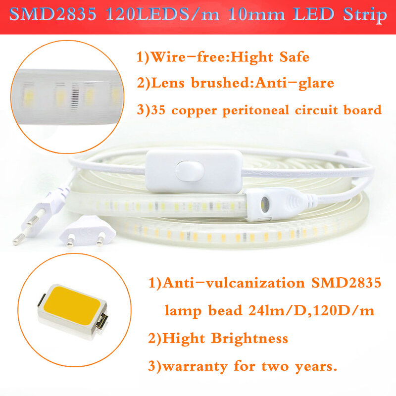 Taśma LED AC220V 120LEDs 8 W/m z wtyczką ue i przełącznikiem nie olśniewająca elastyczna lampa LED wodoodporna użycie na zewnątrz taśma LED oświetlenie