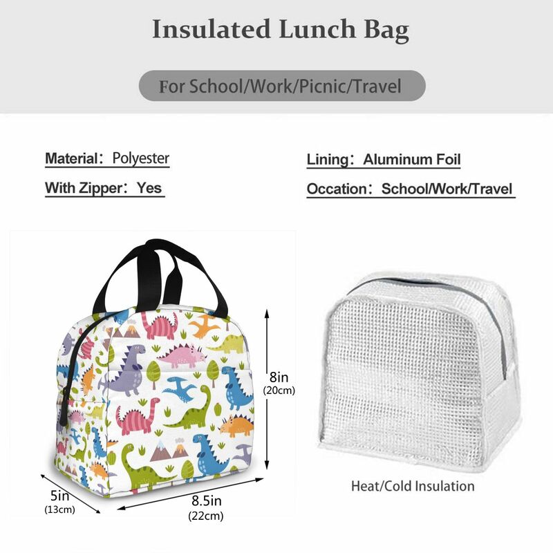 Bolsa de almuerzo aislada portátil impermeable de dinosaurio lindo, lavable y reutilizable, adecuada para viajes al aire libre, Picnic, oficina escolar