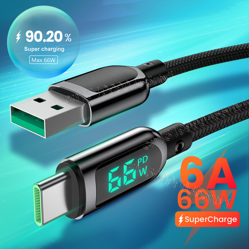 Kabel USB Tipe C Tampilan Daya 6A 66W untuk Huawei Samsung 5A QC3.0 Pengisi Daya Cepat USB C Kabel Data Kabel Pengisi Daya untuk Xiaomi 1.2M