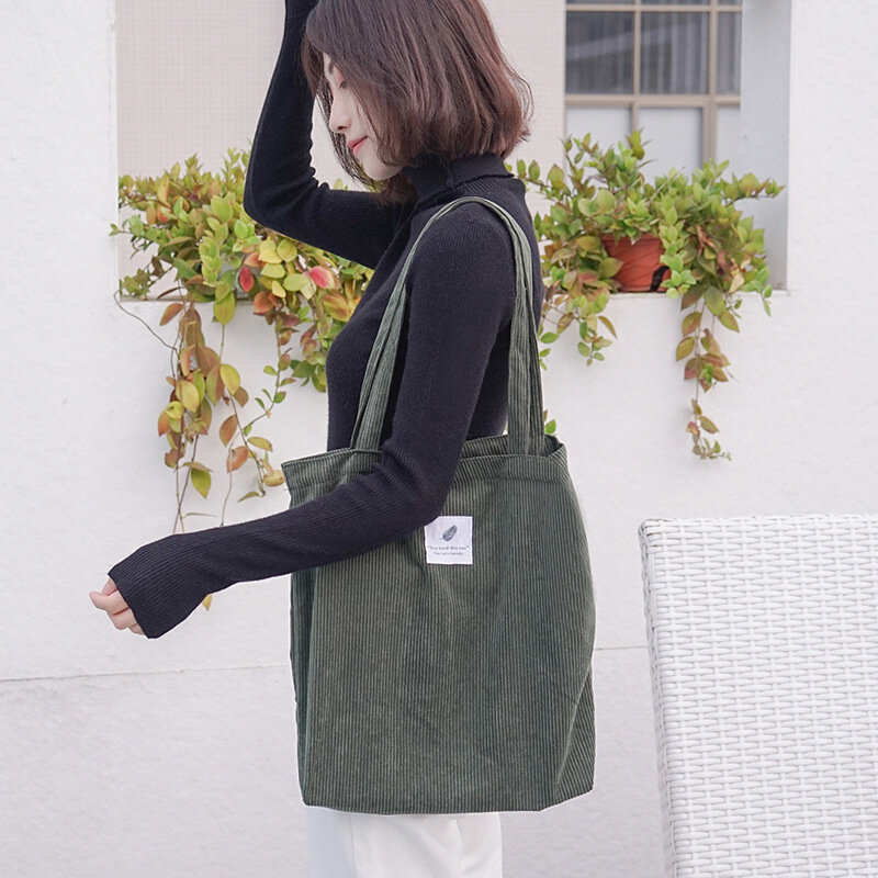 2 Pieces Women Corduroy Shopping Bag Canvas Shoulder Bag Environmental Storage Handbag Reusable Foldable Eco Grocery Totes