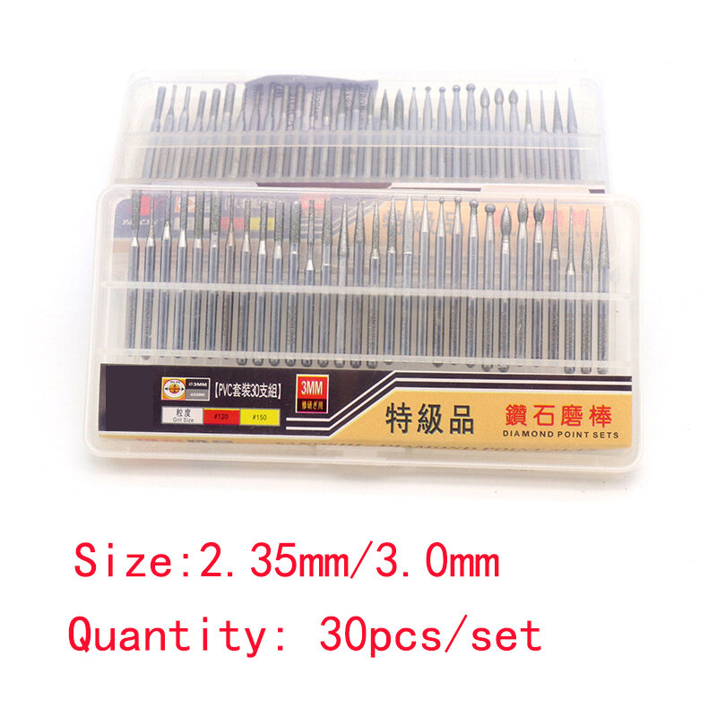 30PC 2.35/3mm Diamond Point Burr Bits Head For Accessories Shank Grinding Needle Carving Polishing Mounted Mini Drill Tool