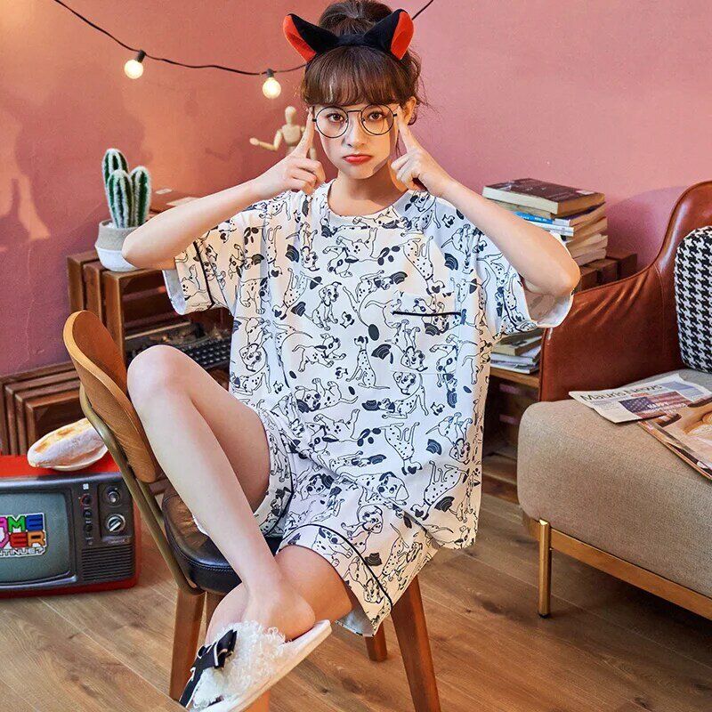 Pijama de algodão feminino verão de manga curta estudante fino manchado cachorro terno bonito estilo coreano primavera e outono casa wear pode ser