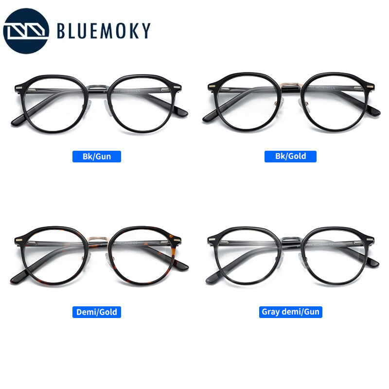 Bluemoky óculos redondos de grau, óculos masculinos retrô de acetato, ótico antiluz azul e fotocromático, armações de óculos de miopia