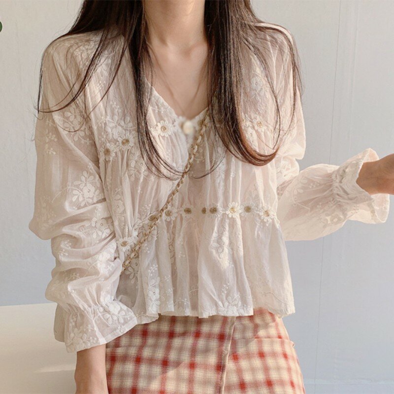 Moda coreana blusas femininas com decote em v camisa de proteção solar com renda manga longa das mulheres topos e blusas 2021 mulher chique blusa