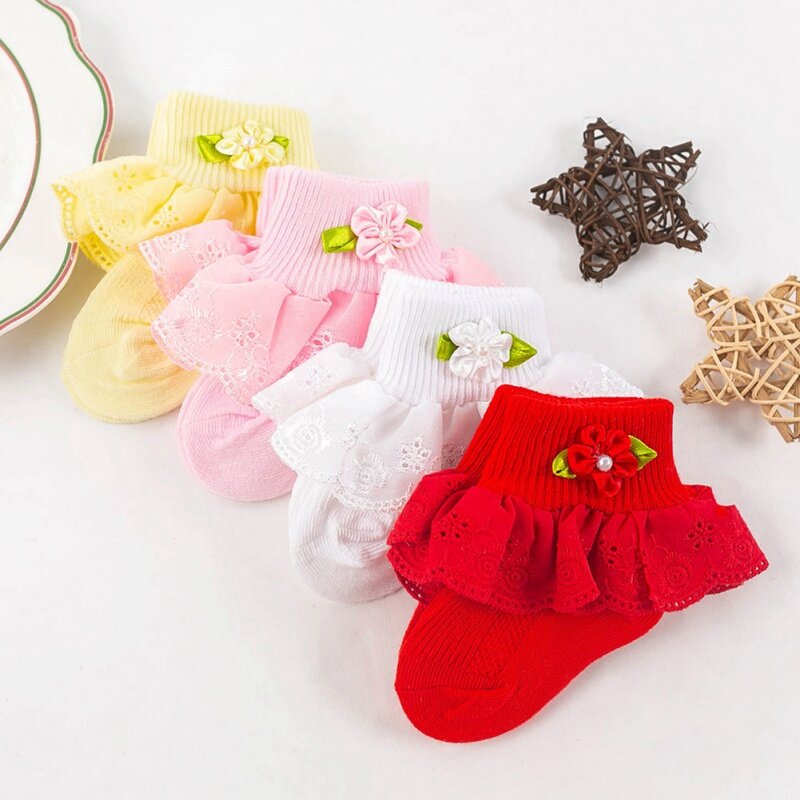 0-1T Baby Girl calzini carini pizzo di cotone increspato fiocco Princess Party Toddler calzini per bambini accessori per bambini