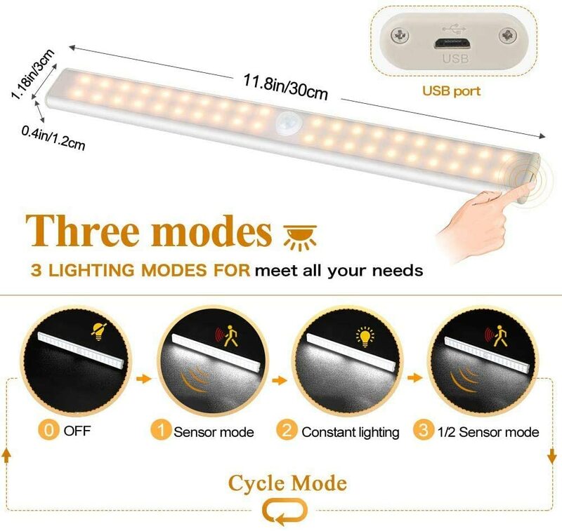 ตู้เสื้อผ้า PIR Motion Sensor Cabinet 24/40/60 LED USB ชาร์จไฟโคมไฟสำหรับห้องนอนตู้เสื้อผ้าบันได