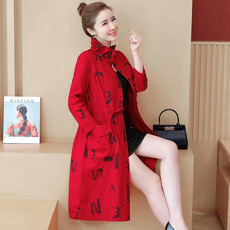 Plus Size Clothes Trench Long Windbreaker Coat Women 2021 Spring Elegant Stand Collar Letter Loose Ladies Outerwear With Sashes