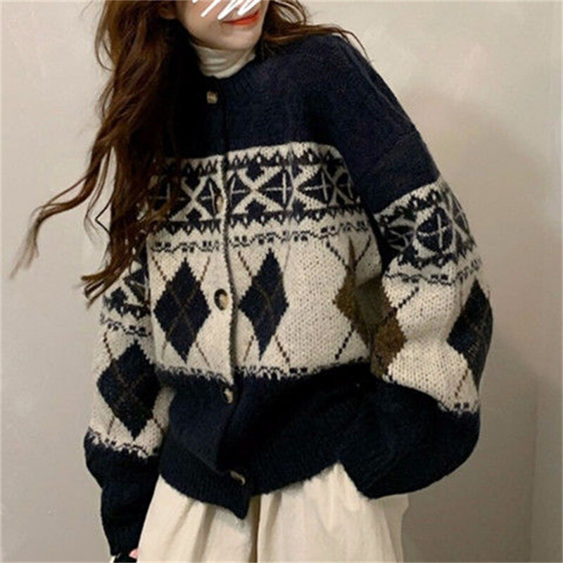 Suéter retrô preguiçoso de outono e inverno, suéter solto e versátil coreano para mulheres, casaco de estudante