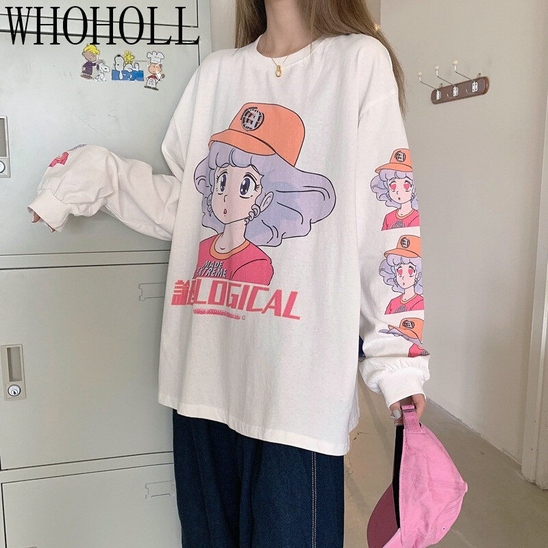อะนิเมะญี่ปุ่น T เสื้อแขนยาว Tee JK สาวน่ารักเสื้อผ้าผ้าฝ้าย Tshirt ผู้หญิง Harajuku การ์ตูนพิมพ์เสื้อ