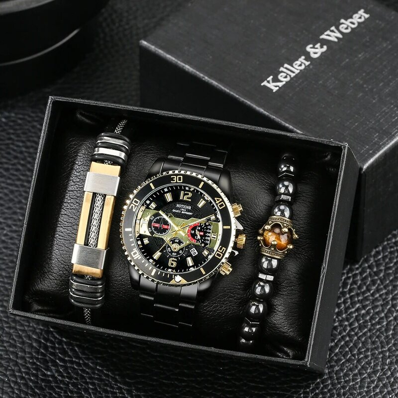 Relógio masculino pulseira conjunto com caixa de liga banda relógios de quartzo presente para homem casual negócios luxo calendário relógio de pulso reloj hombre