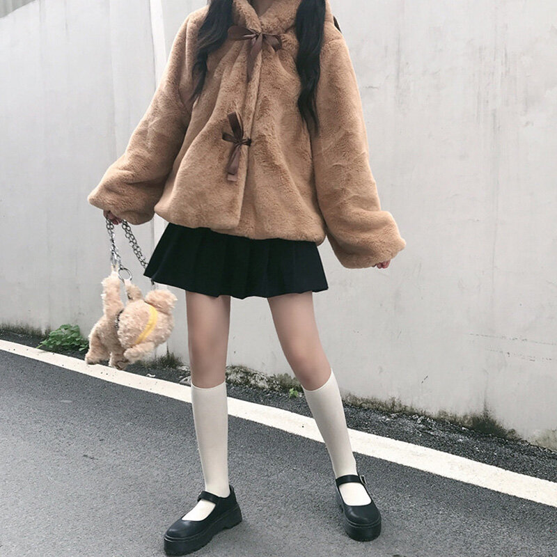 Jaket Manis Musim Dingin Mantel Lembut Lembut Telinga Beruang Anak Perempuan Lucu untuk Wanita Antik Tebal Lengan Panjang Kawaii Lolita Berkerudung Pakaian Luar