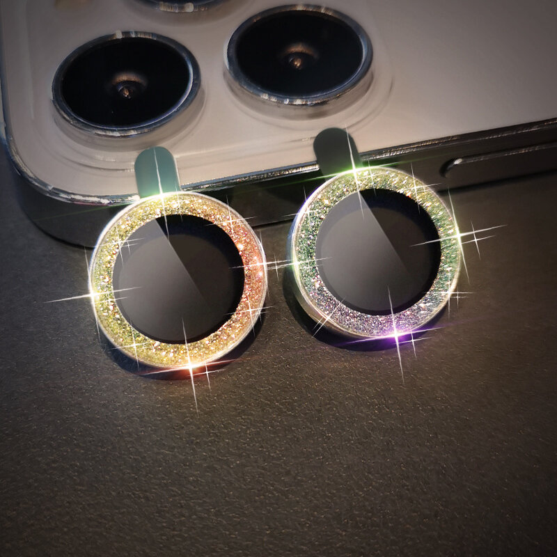 Gradiente flash diamante lente filme câmera protetor de lente para iphone 13 pro max metal anel lente de vidro temperado filme câmera cobre