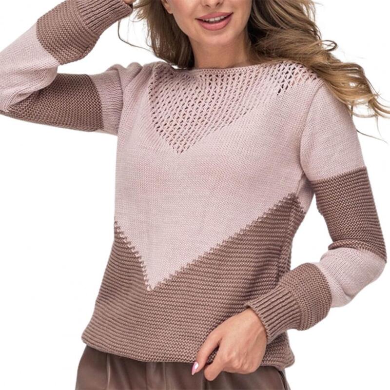 Top Women's Sweater Contrast Color Patchwork Autumn Winter Hollow Out Plain Weave Knitted Top Pullover for Daily Wear