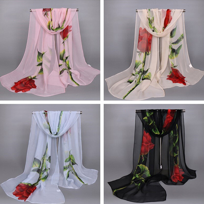 Nouveau 1 pièces femmes longue douce dame châle en soie Rose fleur imprimé foulard en mousseline de soie