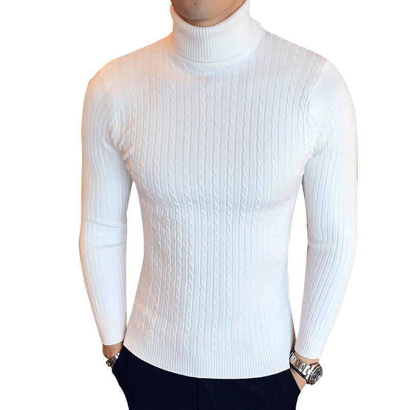 Inverno de alta pescoço grosso quente camisola masculina gola alta marca dos homens suéteres fino ajuste pulôver malhas masculino gola dupla