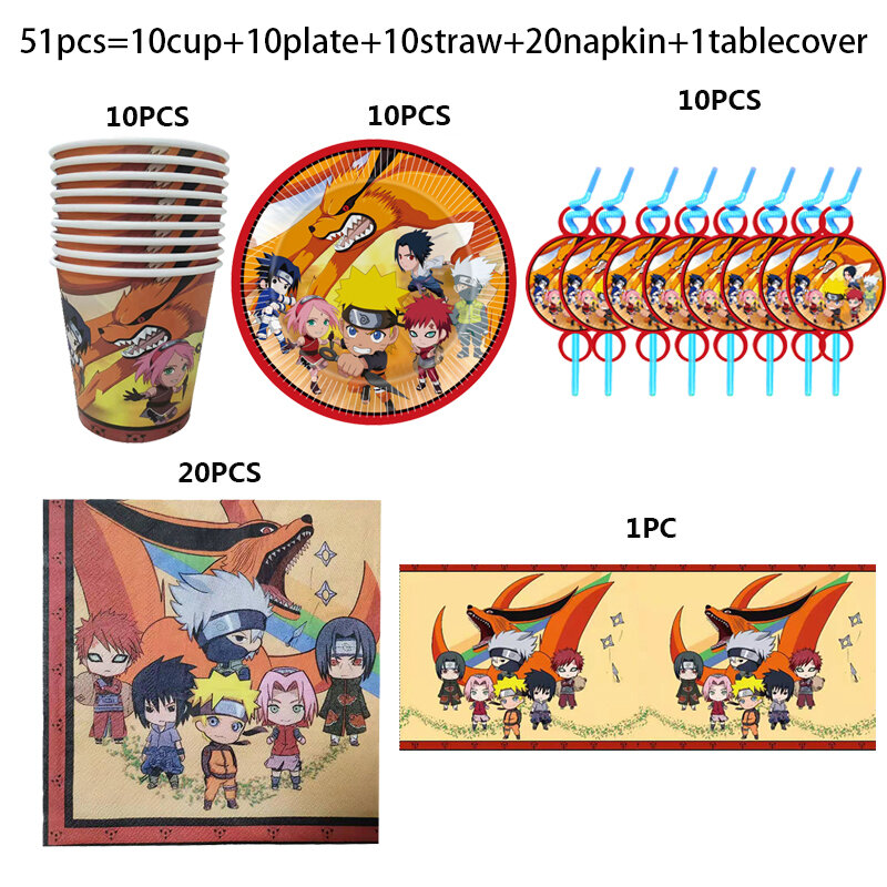Per 10 persone Naruto tema decorazioni per feste di compleanno per bambini stoviglie usa e getta bicchieri di carta piatti tovaglioli Baby Shower forniture