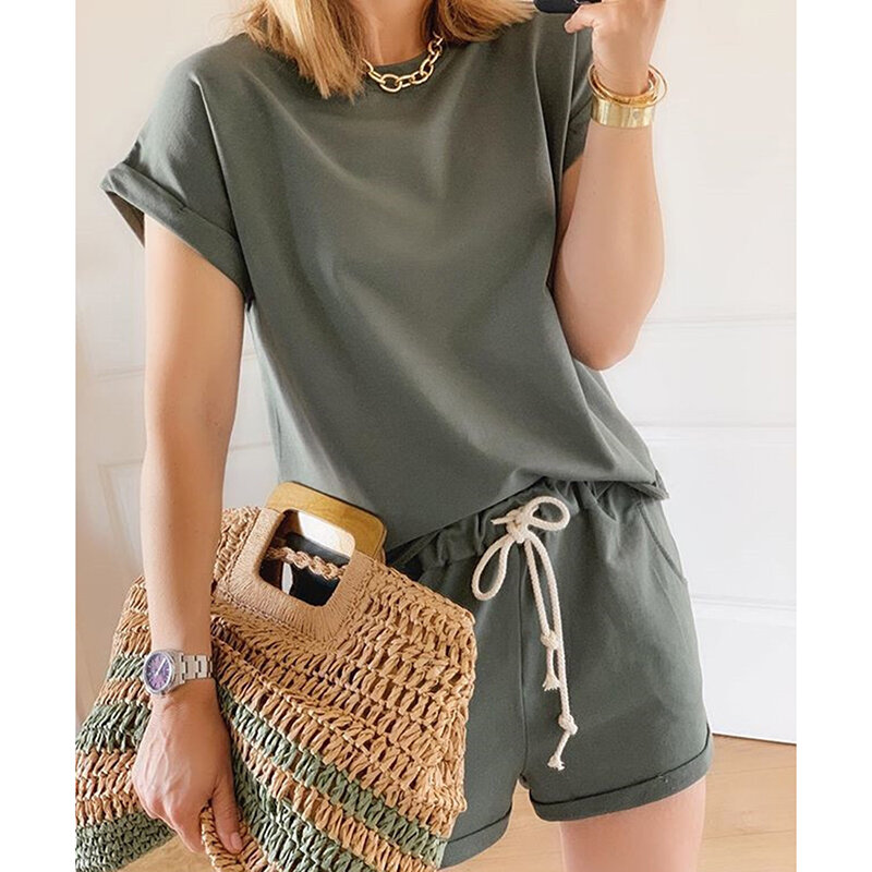 2021 Ladies Solid Fashion Sets Womens Casual Loose Solid Color O-neck Sets Short Sleeve Home Shorts Suit Sets#D3