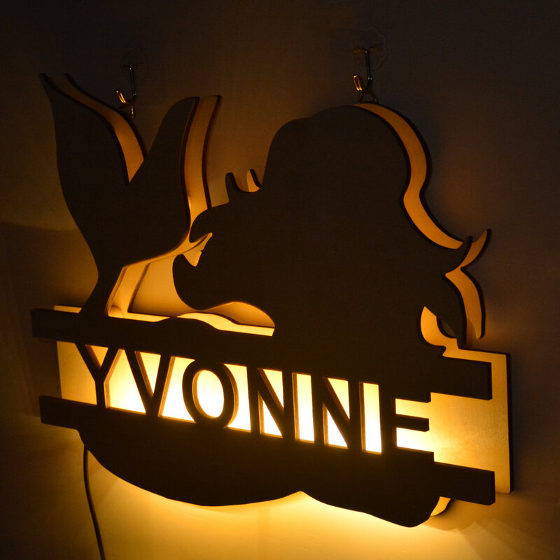 Personalizado gravado nome dos desenhos animados sereia nightlight personalizado madeira conduziu a luz da noite para o quarto das crianças lâmpada de parede