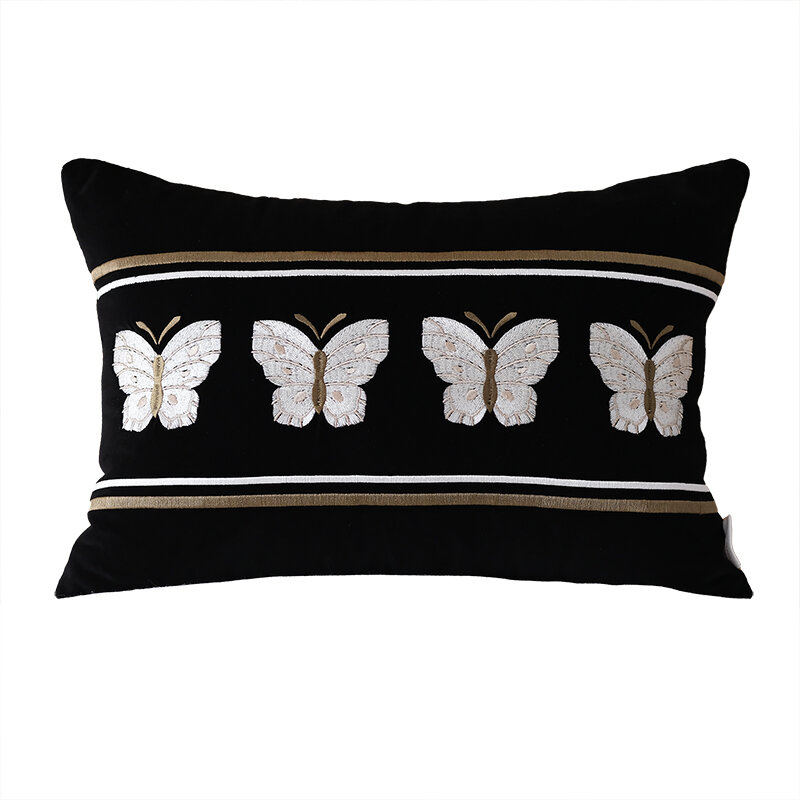 DUNXDECO French Decor Butterfly Embroidered Cushion Cover Decorative Pillow Luxury Artistic Black Velvet Sofa Chair Bed Coussin