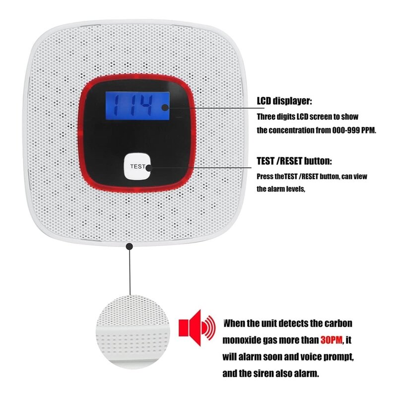 Detector de alarme de monóxido de carbono, com display lcd digital e aviso de voz